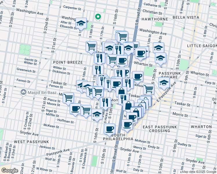 map of restaurants, bars, coffee shops, grocery stores, and more near 1535 South Mole Street in Philadelphia