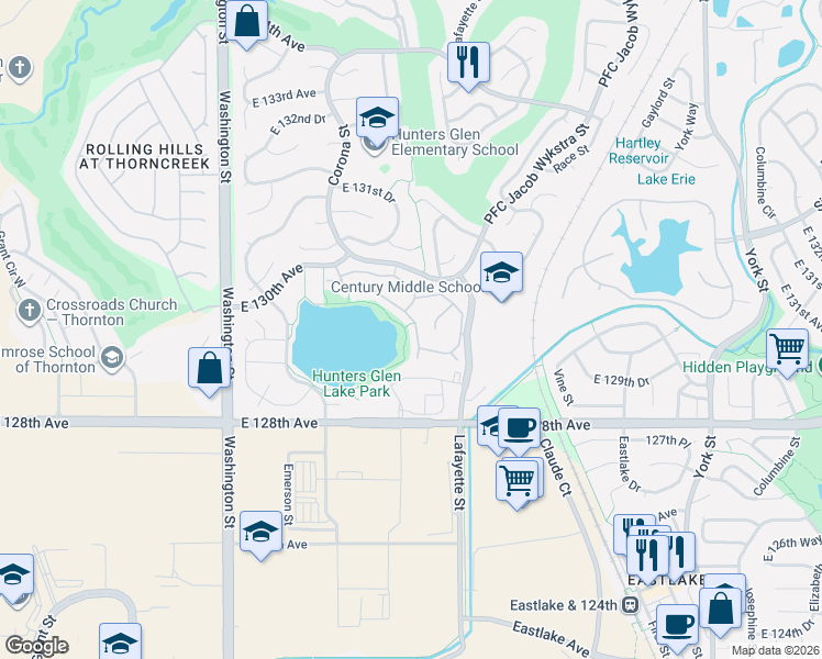 map of restaurants, bars, coffee shops, grocery stores, and more near 1250 East 130th Avenue in Thornton