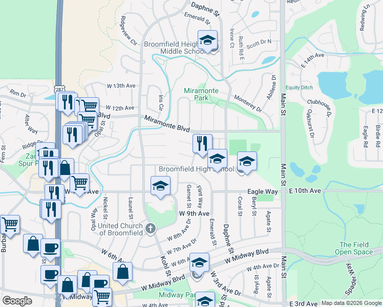 map of restaurants, bars, coffee shops, grocery stores, and more near 800 Mesa Court in Broomfield