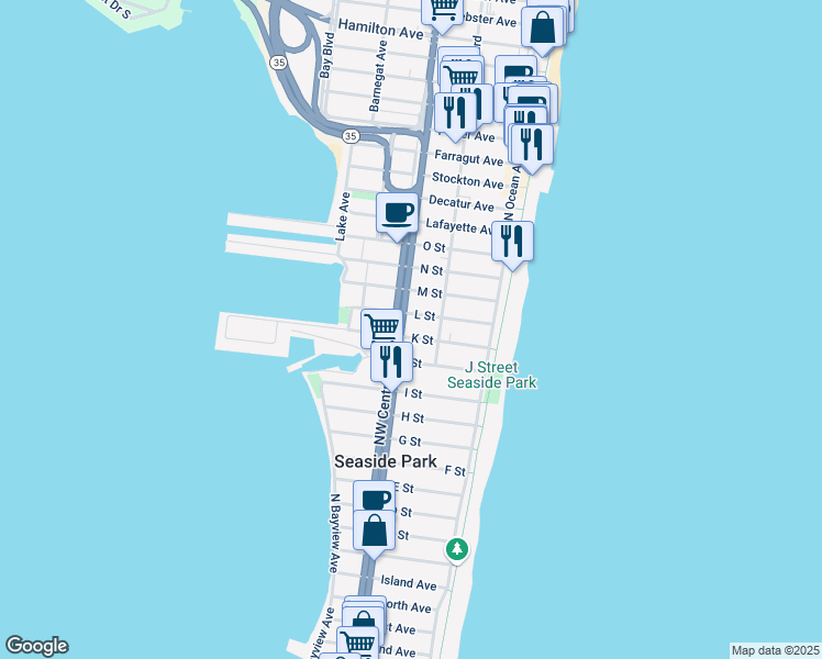 map of restaurants, bars, coffee shops, grocery stores, and more near 59 L Street in Seaside Park