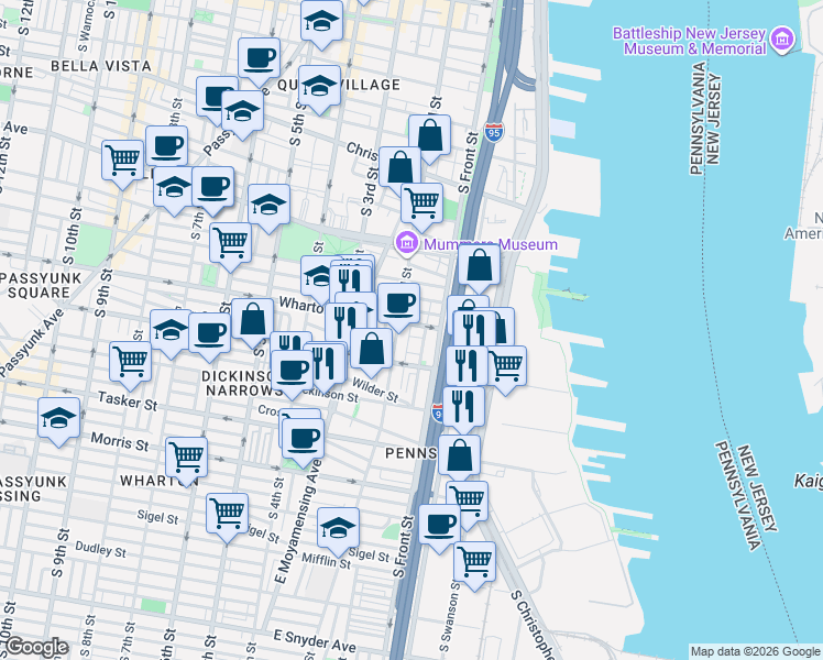 map of restaurants, bars, coffee shops, grocery stores, and more near 119 Wharton Street in Philadelphia
