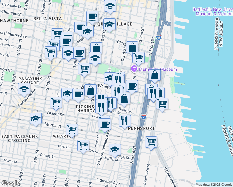 map of restaurants, bars, coffee shops, grocery stores, and more near 307 Sears Street in Philadelphia