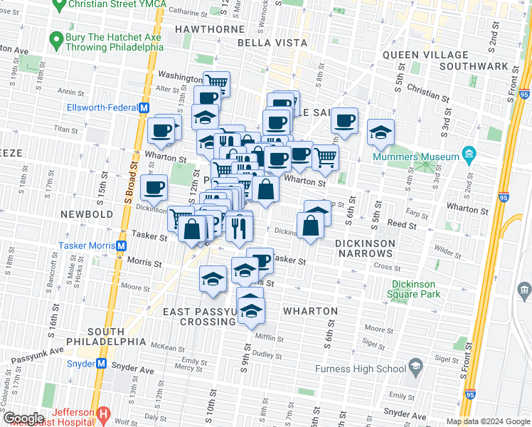 map of restaurants, bars, coffee shops, grocery stores, and more near 1401s South 10th Street in Philadelphia