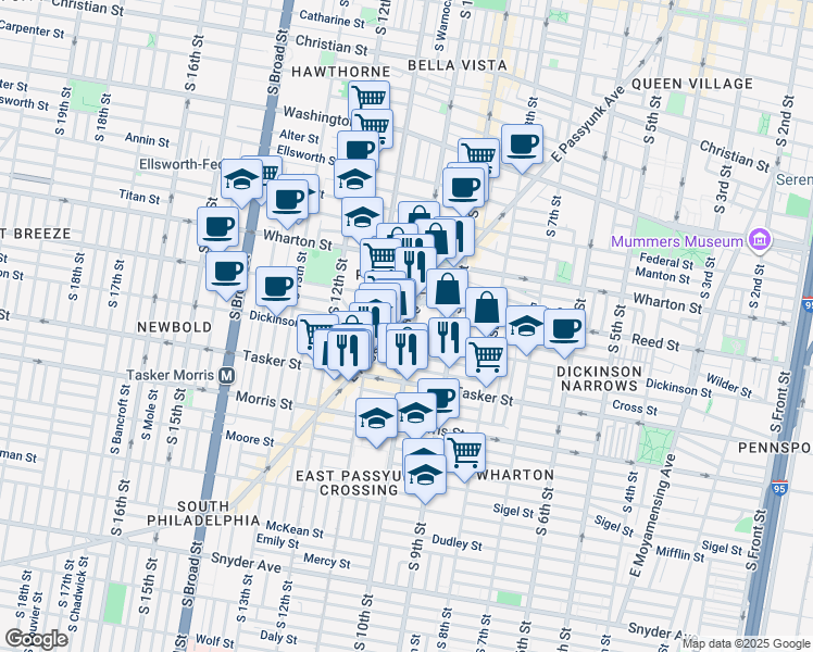 map of restaurants, bars, coffee shops, grocery stores, and more near 1430 East Passyunk Avenue in Philadelphia