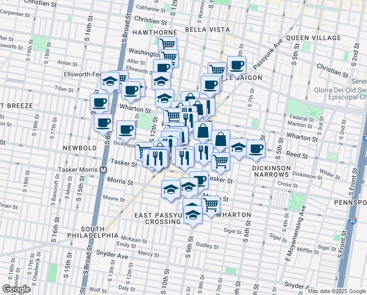 map of restaurants, bars, coffee shops, grocery stores, and more near 1430 East Passyunk Avenue in Philadelphia