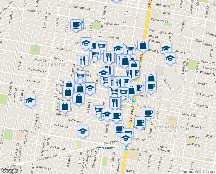map of restaurants, bars, coffee shops, grocery stores, and more near 1537 South Chadwick Street in Philadelphia