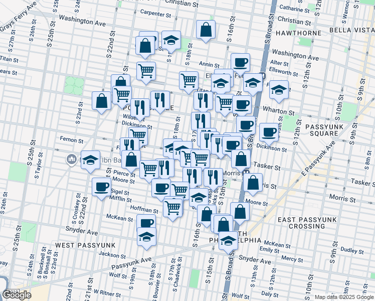 map of restaurants, bars, coffee shops, grocery stores, and more near 1709 Tasker Street in Philadelphia