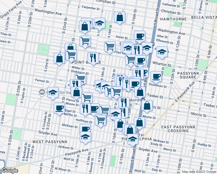 map of restaurants, bars, coffee shops, grocery stores, and more near 1545 South Bouvier Street in Philadelphia