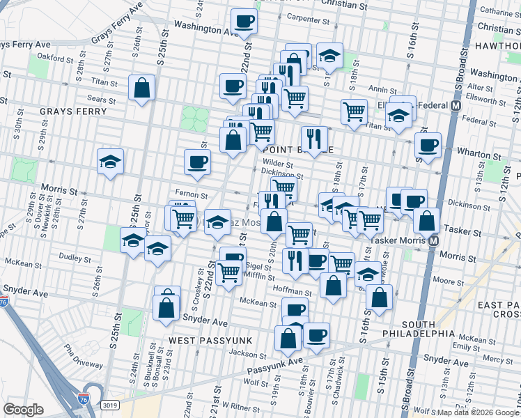 map of restaurants, bars, coffee shops, grocery stores, and more near in Philadelphia