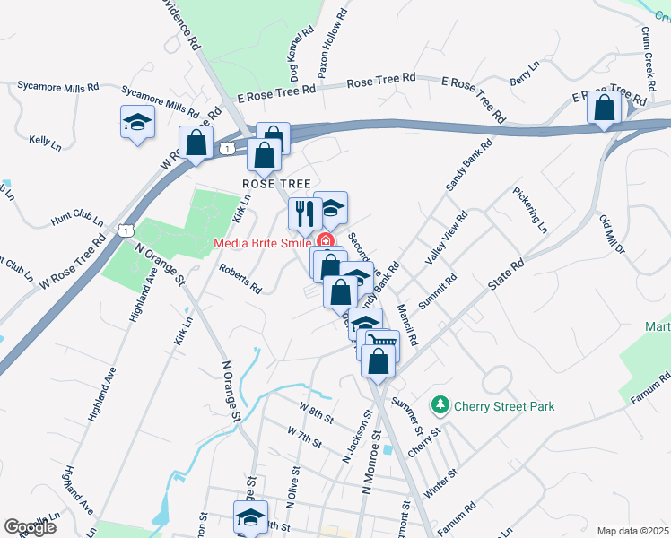 map of restaurants, bars, coffee shops, grocery stores, and more near 1008 North Providence Road in Media