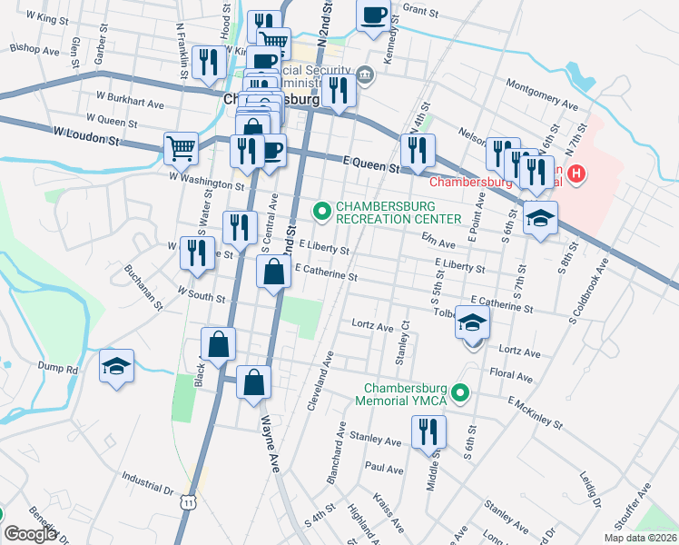 map of restaurants, bars, coffee shops, grocery stores, and more near in Chambersburg