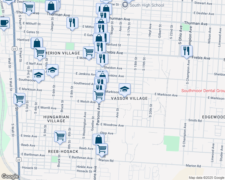 map of restaurants, bars, coffee shops, grocery stores, and more near 530 East Markison Avenue in Columbus