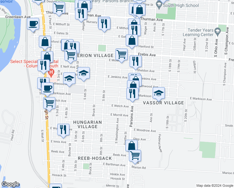 map of restaurants, bars, coffee shops, grocery stores, and more near 369 Southwood Avenue in Columbus