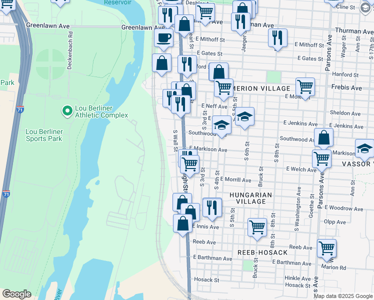 map of restaurants, bars, coffee shops, grocery stores, and more near 30 East Markison Avenue in Columbus