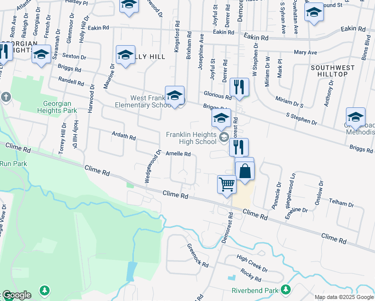 map of restaurants, bars, coffee shops, grocery stores, and more near 3654 Arnelle Road in Columbus