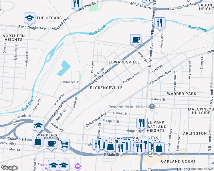 map of restaurants, bars, coffee shops, grocery stores, and more near 764 North Florence Street in Springfield