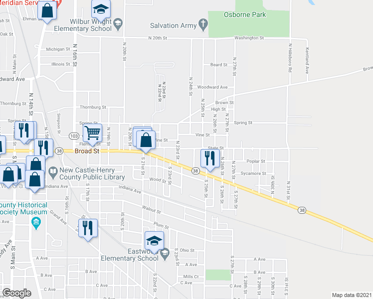 map of restaurants, bars, coffee shops, grocery stores, and more near 130 North 23rd Street in New Castle