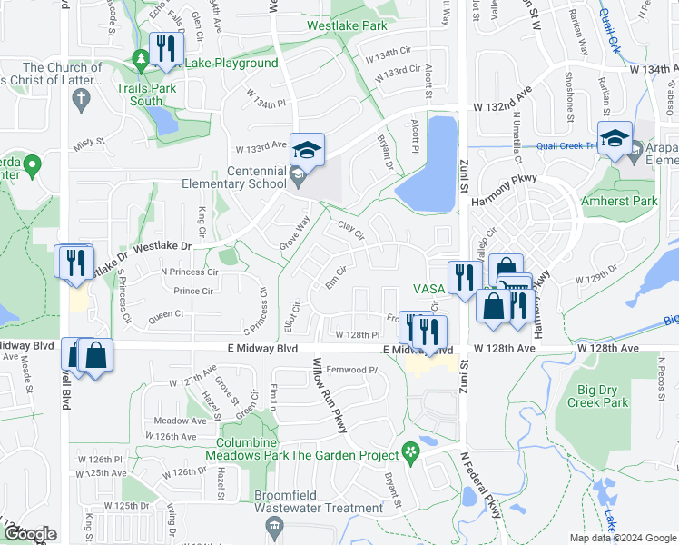 map of restaurants, bars, coffee shops, grocery stores, and more near Elm Circle in Broomfield