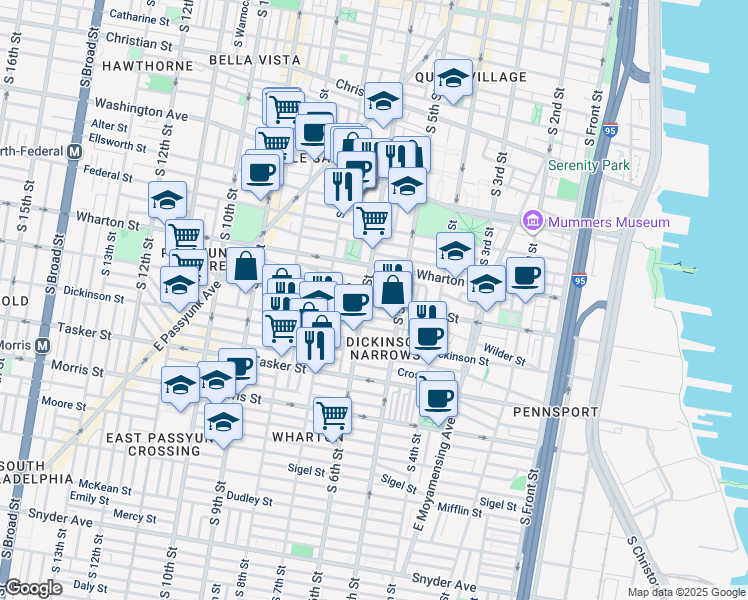 map of restaurants, bars, coffee shops, grocery stores, and more near 525 Reed Street in Philadelphia