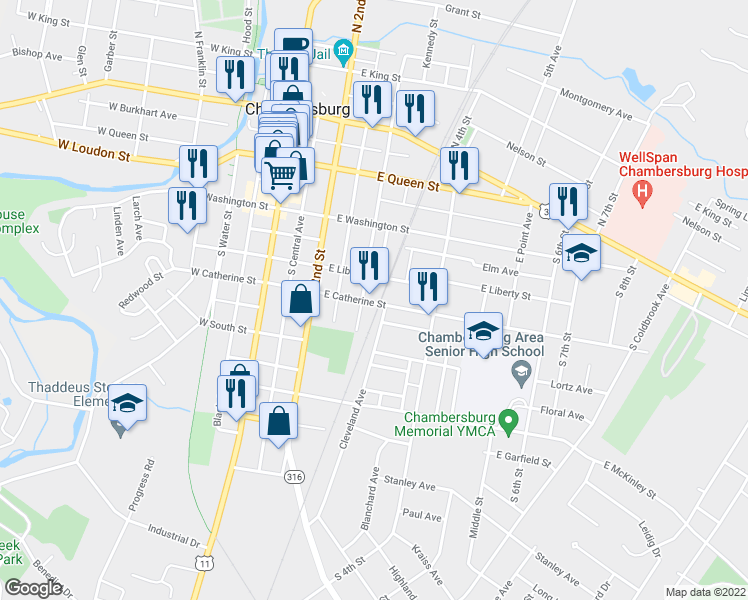 map of restaurants, bars, coffee shops, grocery stores, and more near 315 East Catherine Street in Chambersburg