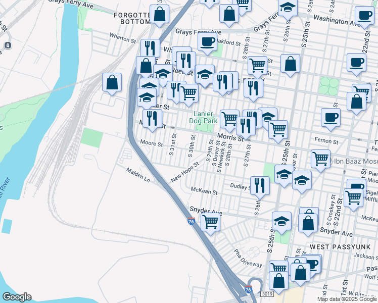 map of restaurants, bars, coffee shops, grocery stores, and more near 1800 South 30th Street in Philadelphia