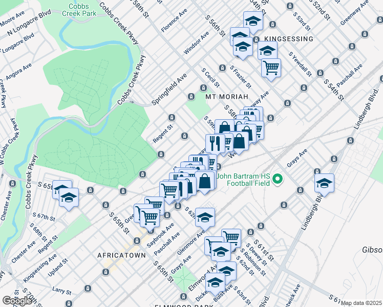map of restaurants, bars, coffee shops, grocery stores, and more near 6017 Greenway Avenue in Philadelphia