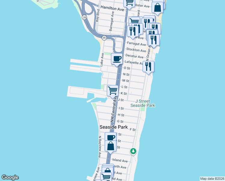 map of restaurants, bars, coffee shops, grocery stores, and more near 108 K Street in Seaside Park