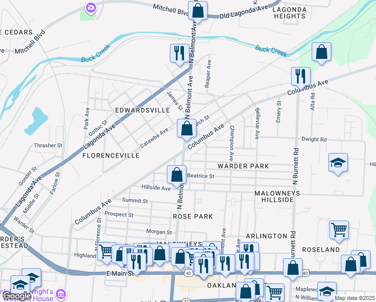 map of restaurants, bars, coffee shops, grocery stores, and more near 2005 Columbus Avenue in Springfield