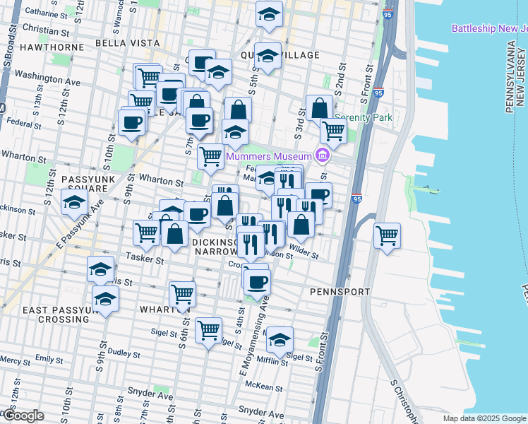 map of restaurants, bars, coffee shops, grocery stores, and more near 340 Earp Street in Philadelphia
