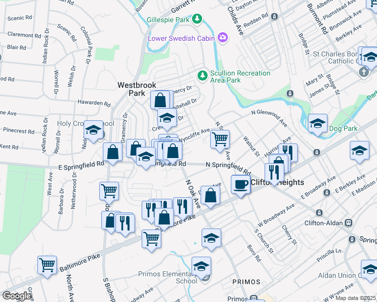 map of restaurants, bars, coffee shops, grocery stores, and more near 256 Revere Road in Clifton Heights