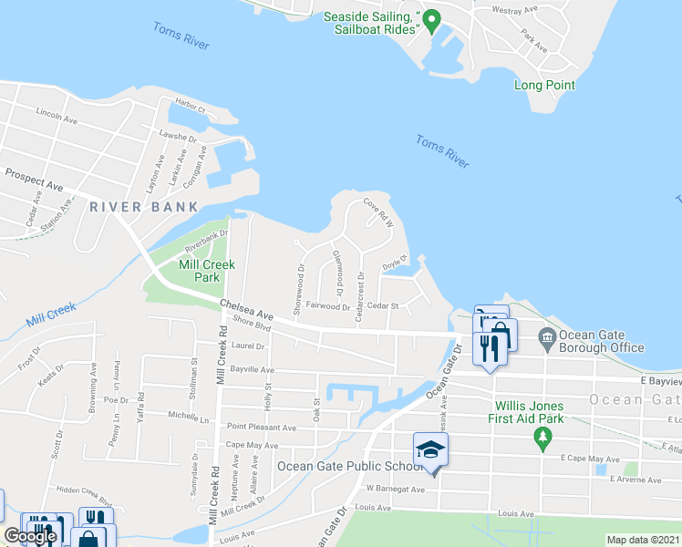 map of restaurants, bars, coffee shops, grocery stores, and more near 15 Glenwood Drive in Berkeley Township