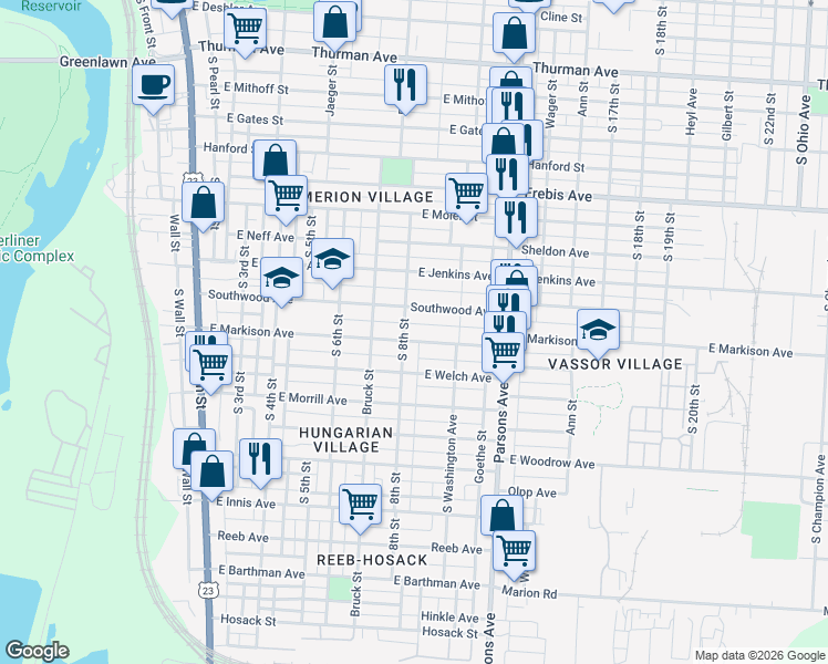 map of restaurants, bars, coffee shops, grocery stores, and more near 308 East Markison Avenue in Columbus