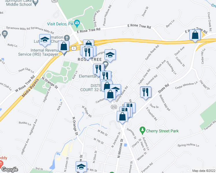 map of restaurants, bars, coffee shops, grocery stores, and more near 1005 North Providence Road in Media