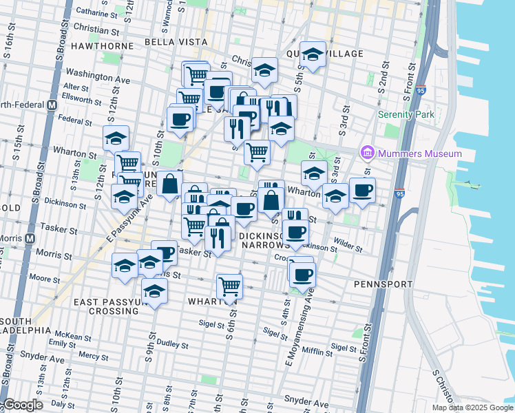 map of restaurants, bars, coffee shops, grocery stores, and more near 525 Reed Street in Philadelphia