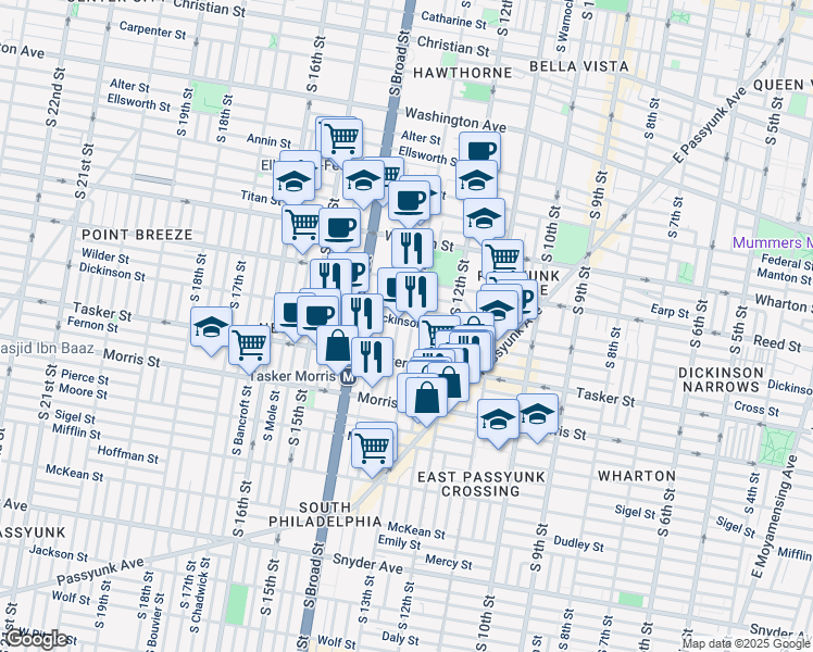 map of restaurants, bars, coffee shops, grocery stores, and more near 1502 South 13th Street in Philadelphia