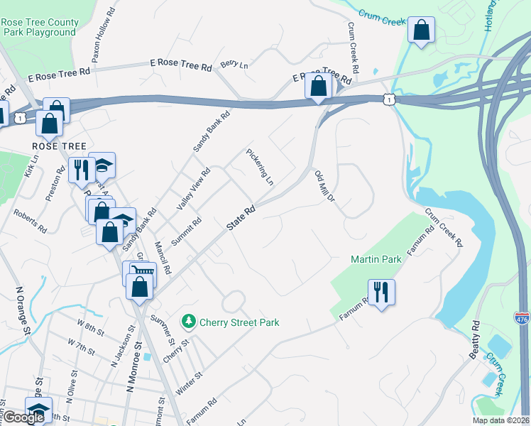 map of restaurants, bars, coffee shops, grocery stores, and more near 35 Cedar Meadow Lane in Media