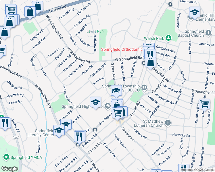 map of restaurants, bars, coffee shops, grocery stores, and more near 67 Lownes Lane in Springfield
