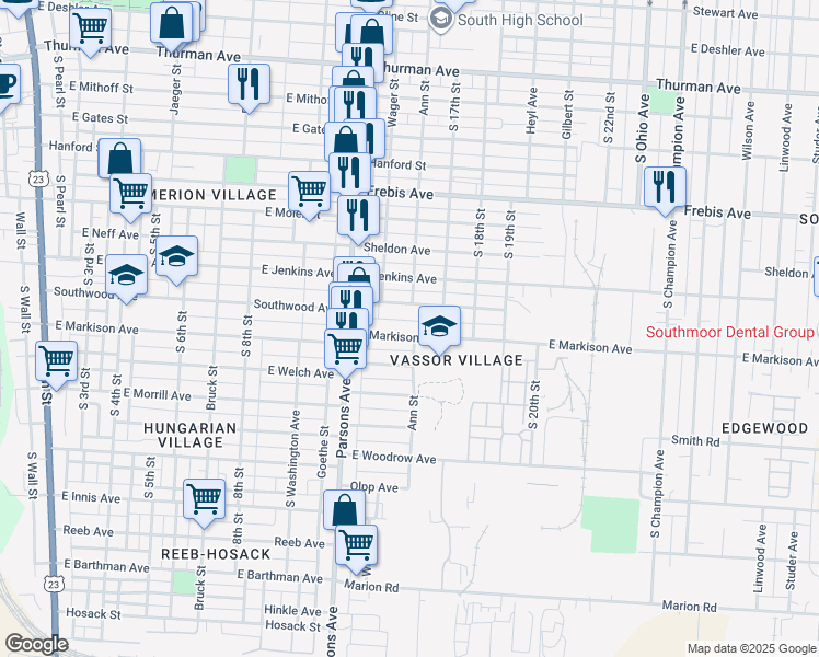 map of restaurants, bars, coffee shops, grocery stores, and more near 530 East Markison Avenue in Columbus