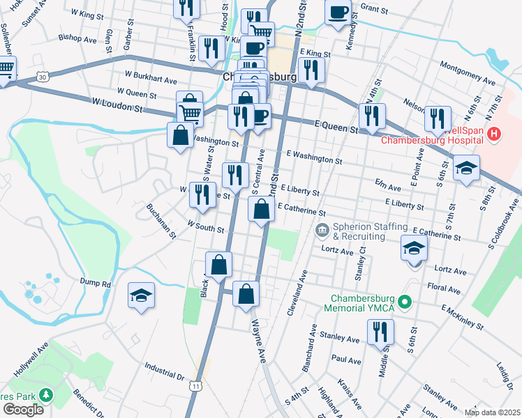 map of restaurants, bars, coffee shops, grocery stores, and more near 166 East Catherine Street in Chambersburg