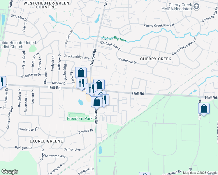 map of restaurants, bars, coffee shops, grocery stores, and more near 5537 Ranchwood Drive in Columbus