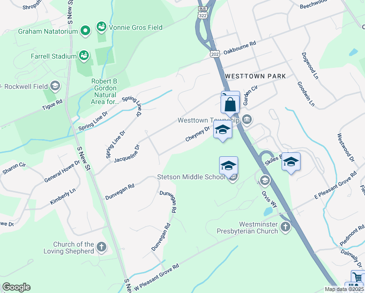 map of restaurants, bars, coffee shops, grocery stores, and more near 204 Cheyney Drive in West Chester