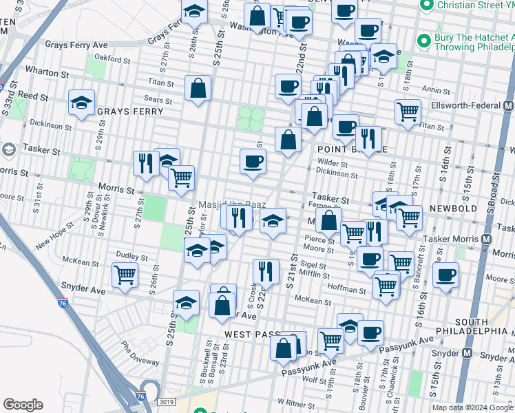 map of restaurants, bars, coffee shops, grocery stores, and more near 1644 Point Breeze Avenue in Philadelphia