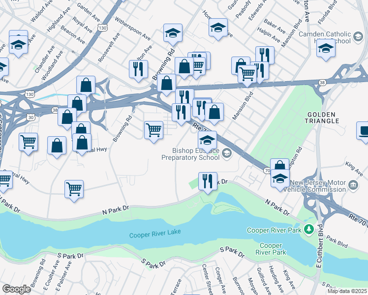 map of restaurants, bars, coffee shops, grocery stores, and more near 2500 McClellan Avenue in Pennsauken Township