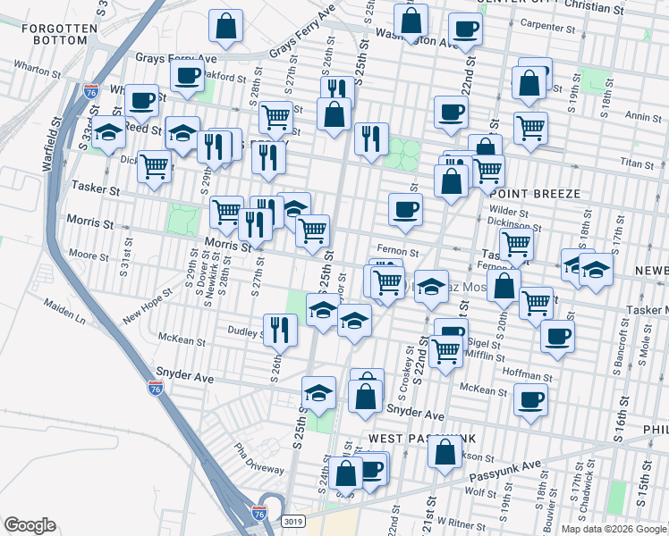 map of restaurants, bars, coffee shops, grocery stores, and more near 1655 South Taylor Street in Philadelphia