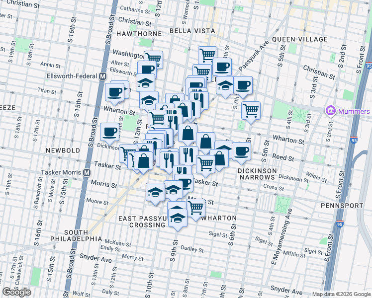map of restaurants, bars, coffee shops, grocery stores, and more near 1401s South 10th Street in Philadelphia