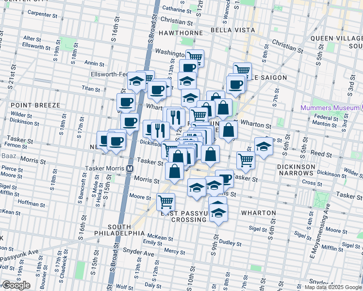 map of restaurants, bars, coffee shops, grocery stores, and more near 1126 Gerritt Street in Philadelphia