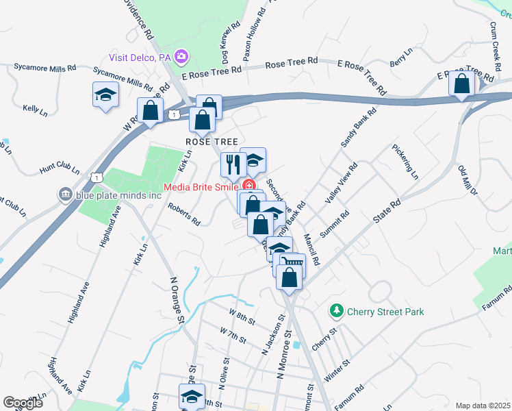 map of restaurants, bars, coffee shops, grocery stores, and more near 1005 North Providence Road in Media