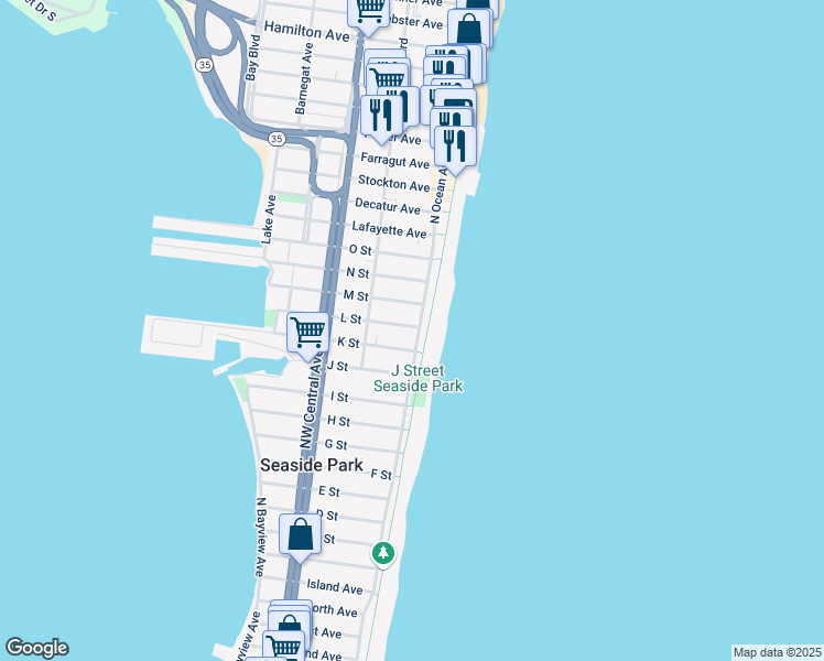 map of restaurants, bars, coffee shops, grocery stores, and more near 1113 North Ocean Avenue in Seaside Park