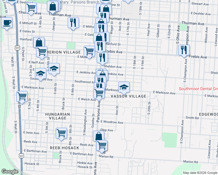 map of restaurants, bars, coffee shops, grocery stores, and more near 478 East Markison Avenue in Columbus