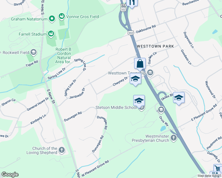 map of restaurants, bars, coffee shops, grocery stores, and more near 204 Cheyney Drive in West Chester